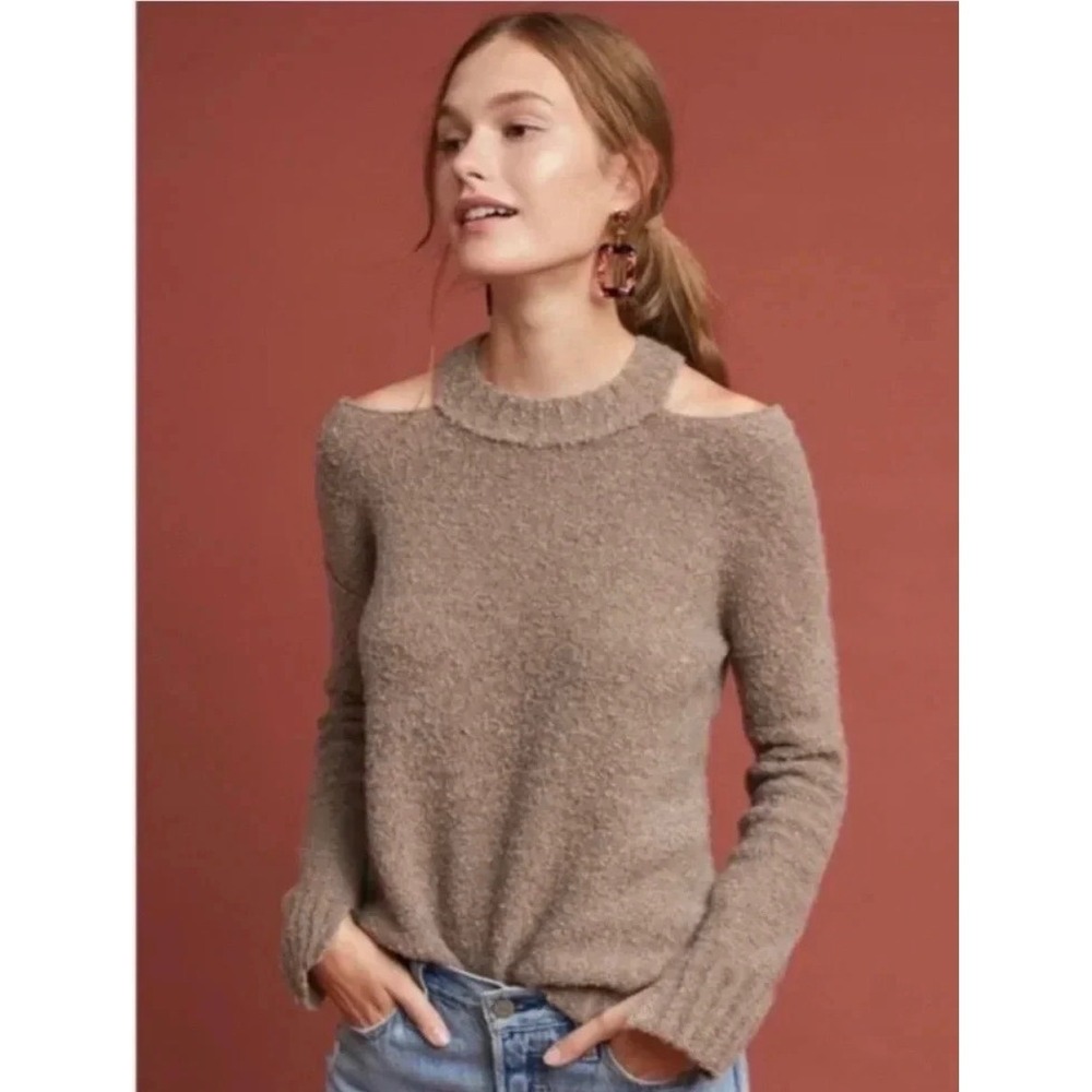 Anthropologie Cold Shoulder Mock‎ Neck Boucle Sweater Merino Alpaca Taupe Brown